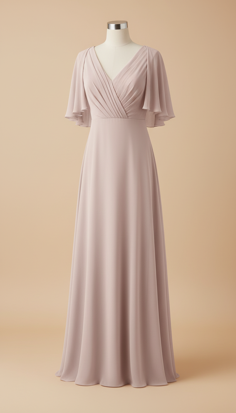 Blush chiffon bridesmaid dress with ruched bodice