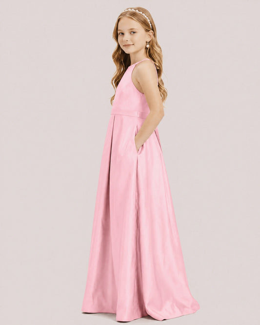 Pink Satin A-line Junior Bridesmaid Dress Side View