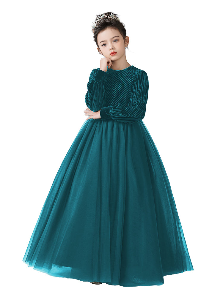 Dideyttawl Girls Velvet Flower Girl Dress Elegant Formal Dress Lantern Long Sleeves Girls Birthday Party Dress