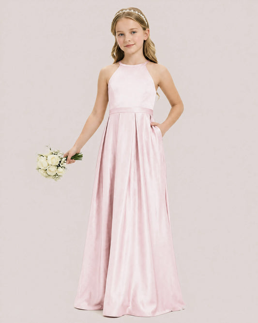 Blush Pink Satin A-line Junior Bridesmaid Dress Front View