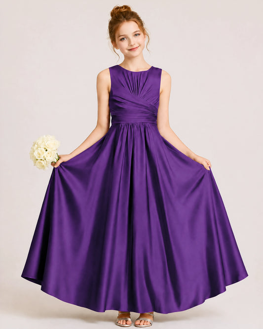 Purple Satin A-line Junior Bridesmaid Dress Front View