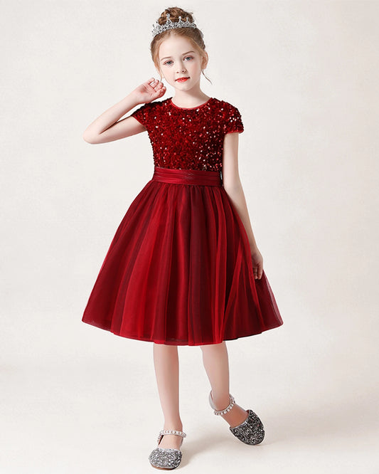 Burgundy Tulle A-line Girls Formal Dress Front View
