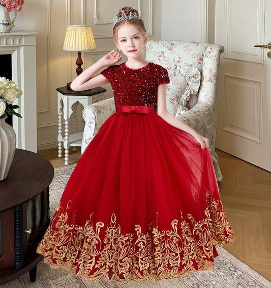 Flower Girls Dress Gold Embroidery Appliqued Puff Tulle Short Sleeves Sequins Party Dress