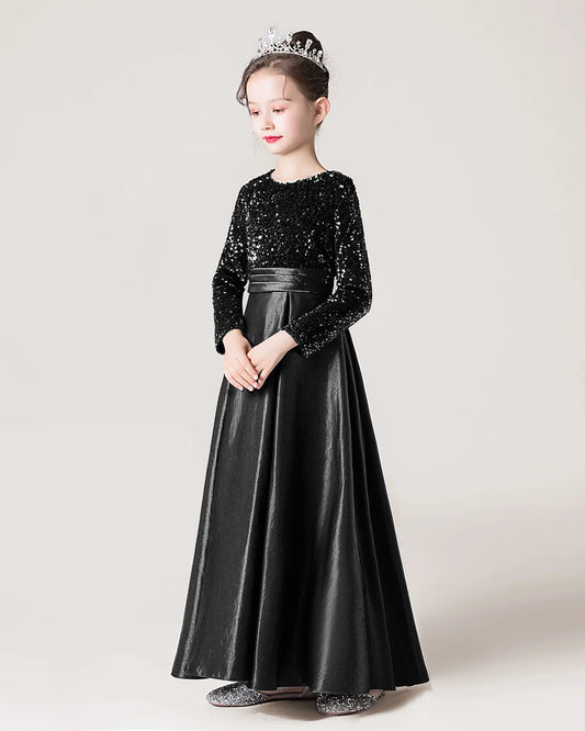 Black Sequin Satin A-line Girls Formal Dress Side View