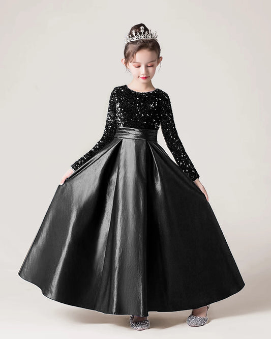 Black Sequin A-line Girls Formal Dress Front View
