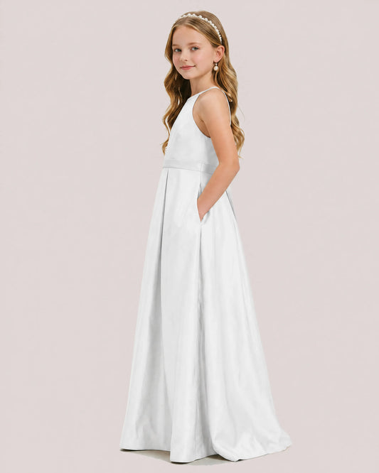 White Satin A-line Junior Bridesmaid Dress Side View