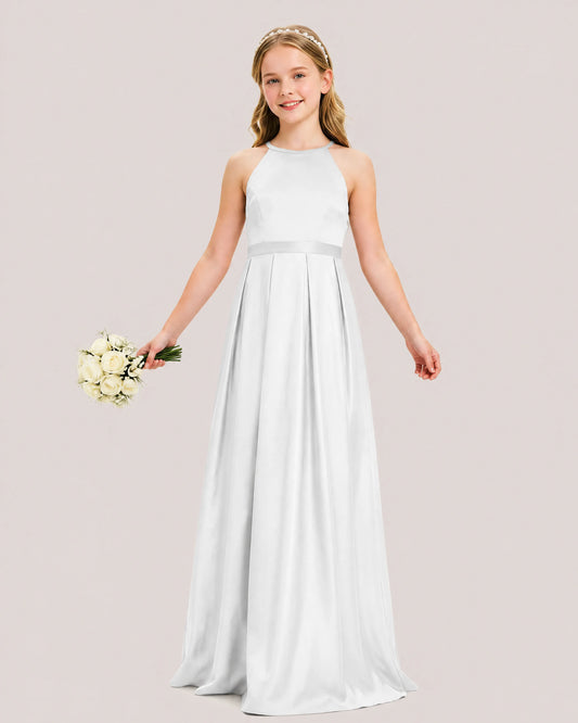White Satin A-line Junior Bridesmaid Dress Front View