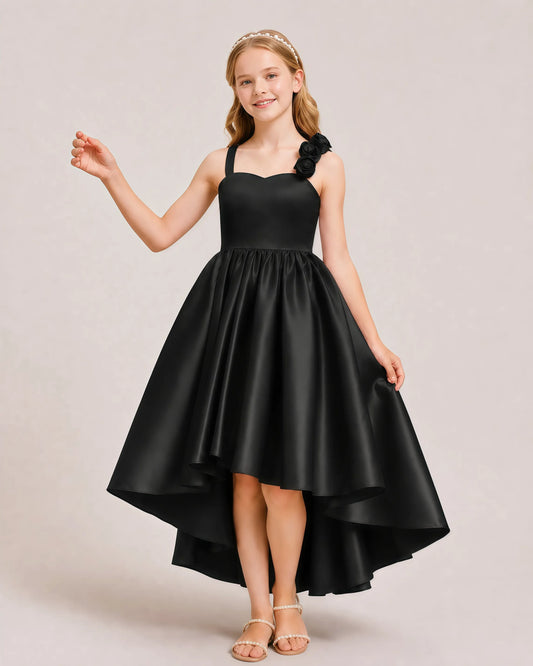 Black Satin A-line Girls Formal Dress Front View