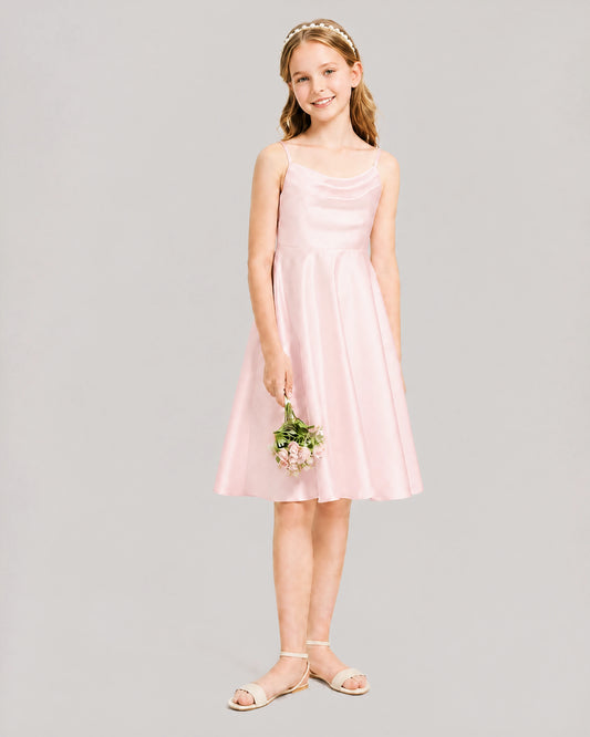 Blush Pink Satin A-line Junior Bridesmaid Dress Front View