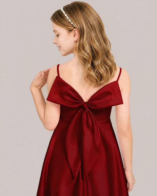 Burgundy Satin A-line Junior Bridesmaid Dress Back View
