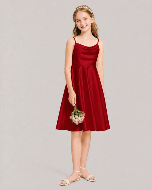 Burgundy Satin A-line Junior Bridesmaid Dress Front View