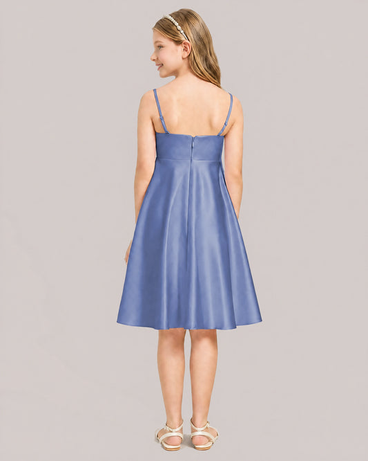 Dusty Blue Satin A-line Junior Bridesmaid Dress Back View