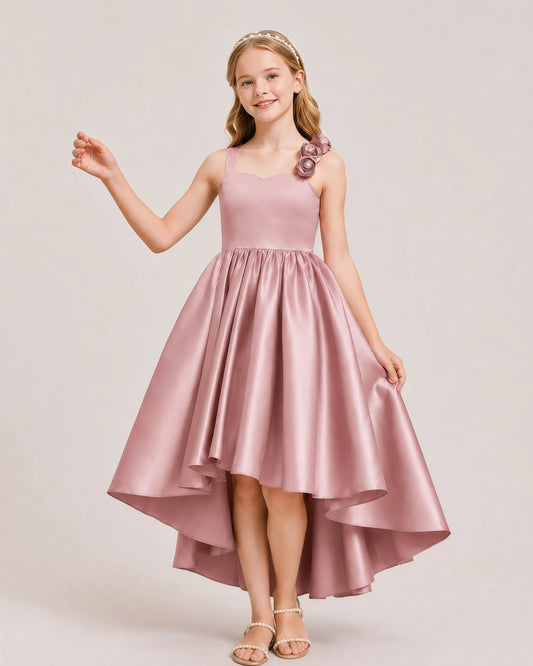 Dusty Rose Satin A-line Girls Formal Dress Front View