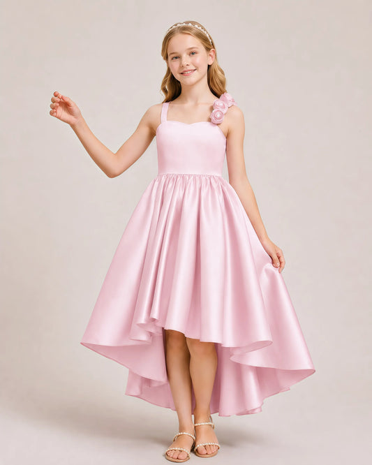 Pink Satin A-line Girls Formal Dress Front View