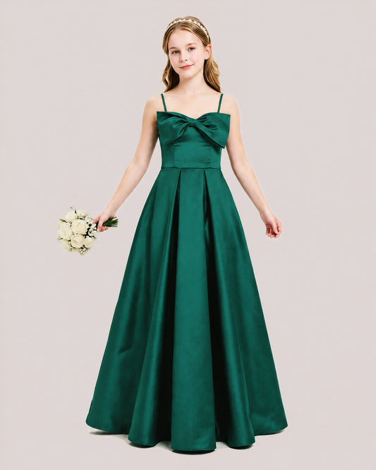 Dark Green Satin A-line Junior Bridesmaid Dress Front View