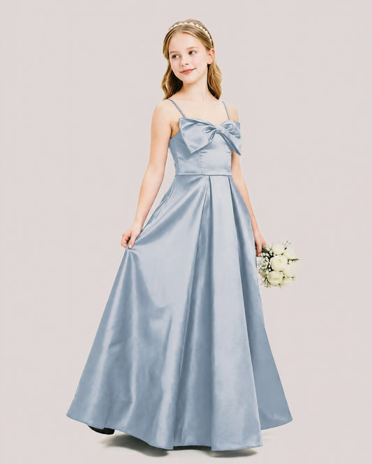 Dusty Blue Satin A-line Junior Bridesmaid Dress Front View