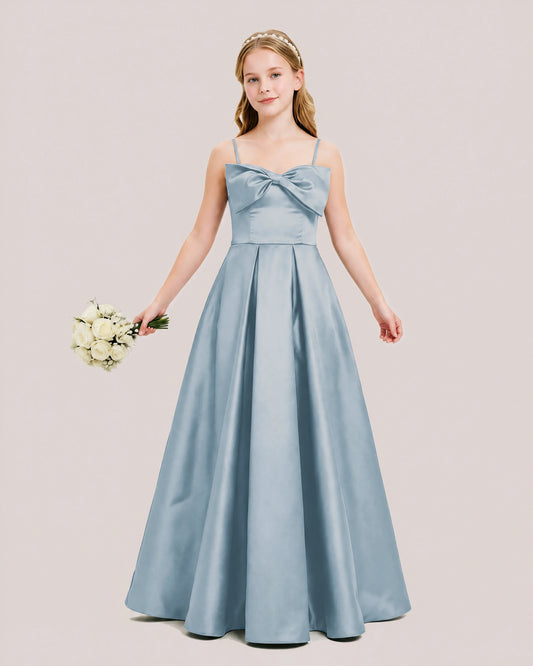 Dusty Blue Satin A-line Junior Bridesmaid Dress Front View