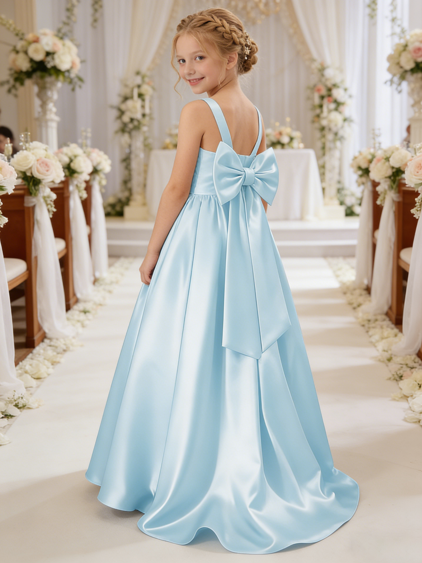 dideyttawl Big Bow Junior Bridesmaid Dresses for Wedding Satin Flower Girls Dress A-Line Princess Pageant Ball Gown Formal Party 2779