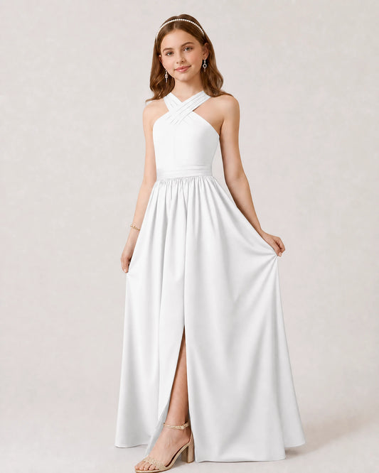 White Chiffon A-line Junior Bridesmaid Dress Front View