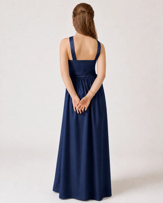 Navy Blue Satin A-line Junior Bridesmaid Dress Back View