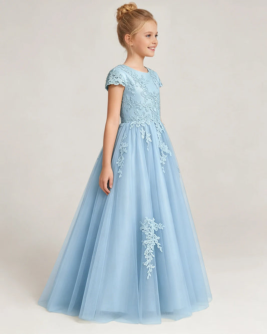 Sky Blue Tulle A-line Flower Girl Dress Side View