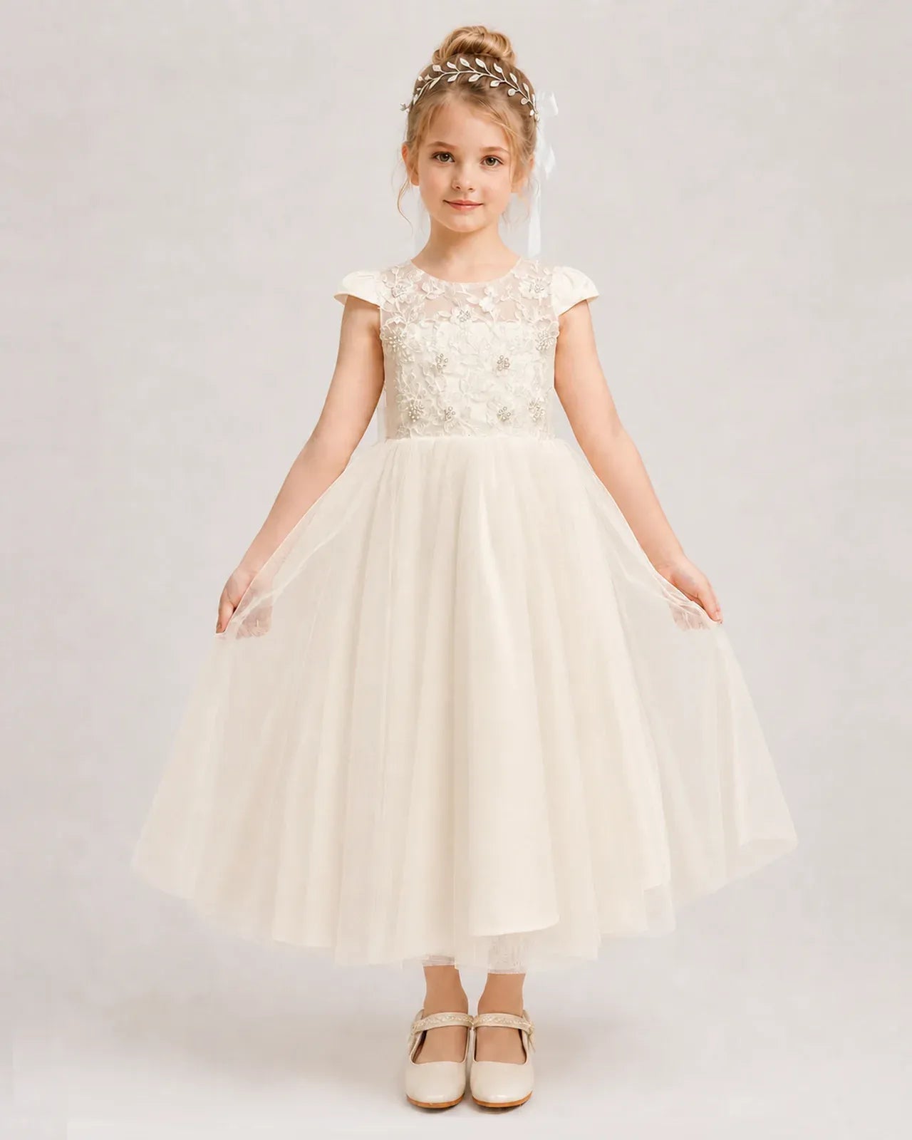 Champagne Tulle A-line Flower Girl Dress Front View