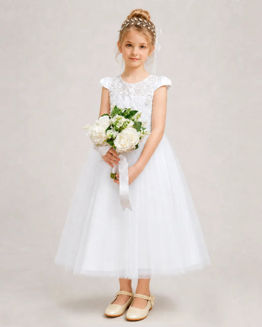 White Tulle A-line Flower Girl Dress Front View