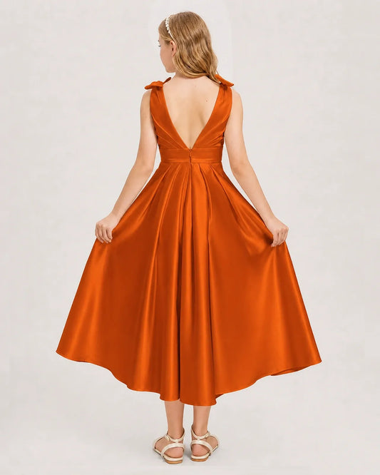 Burnt Orange Satin A-line Junior Bridesmaid Dress Back View