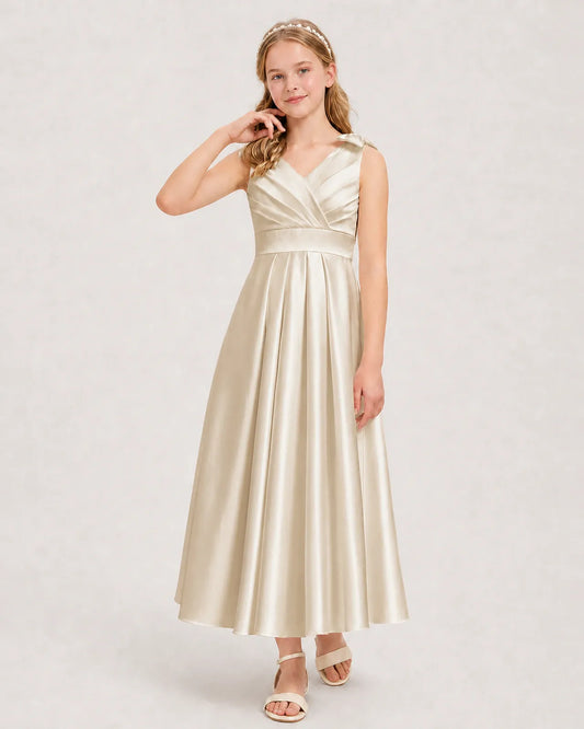 Champagne Satin A-line Junior Bridesmaid Dress Front View