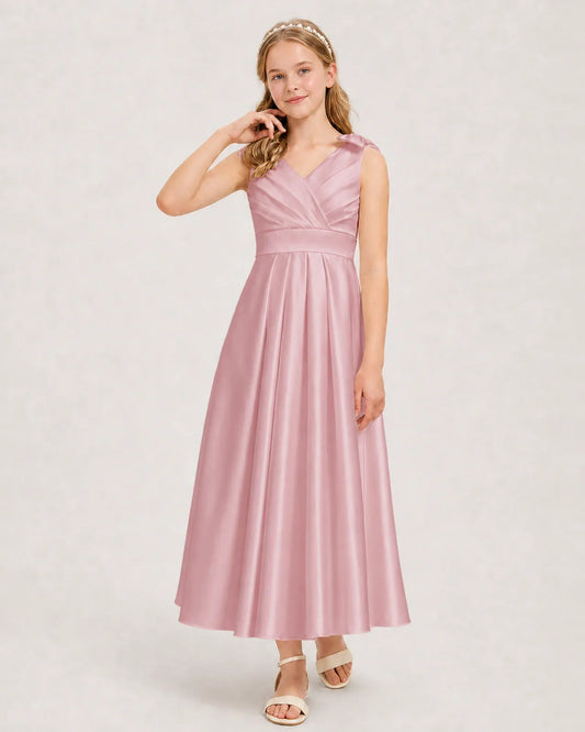 Dusty Rose Satin A-line Junior Bridesmaid Dress Front View