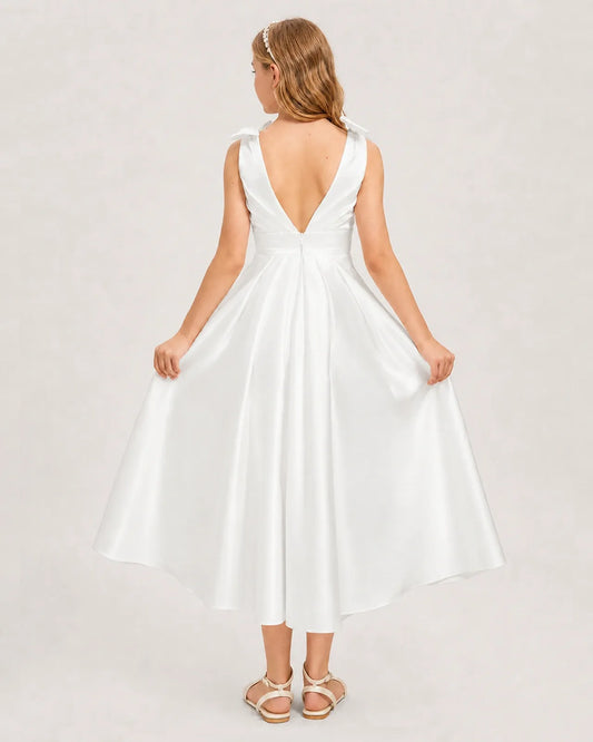 Ivory Satin A-line Junior Bridesmaid Dress Back View