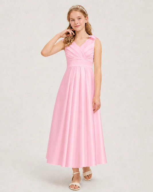 Pink Satin A-line Junior Bridesmaid Dress Front View