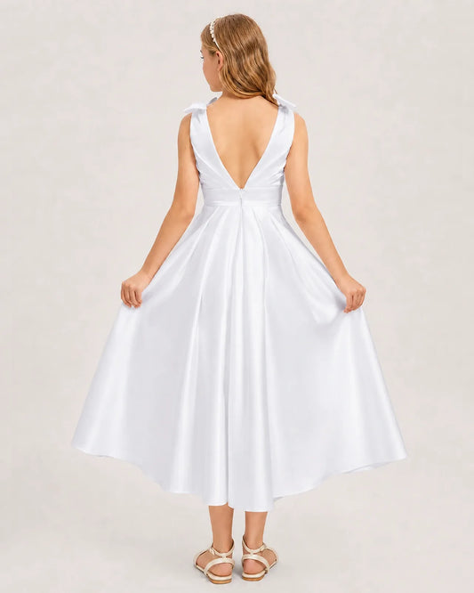 White Satin A-line Junior Bridesmaid Dress Back View