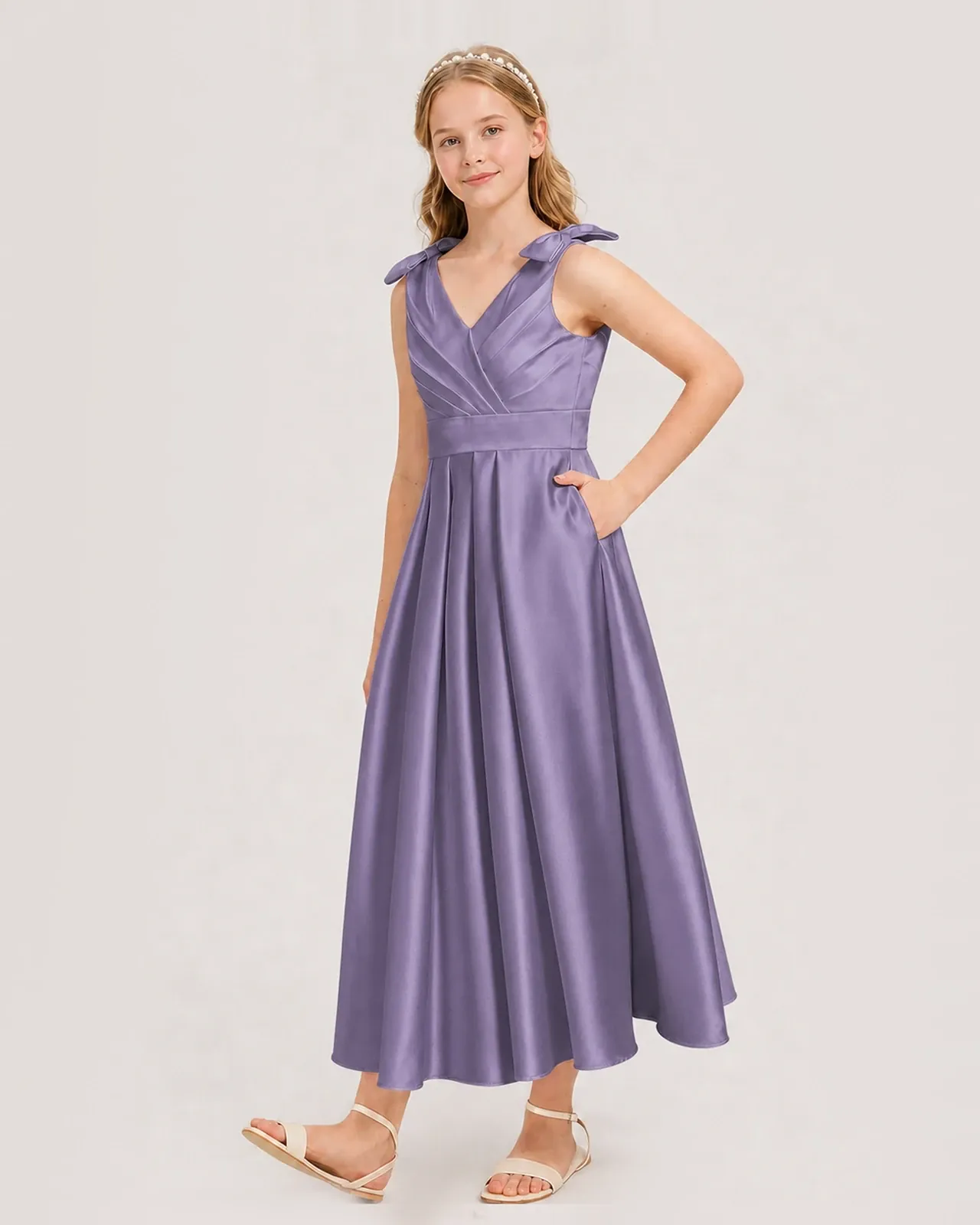 Wisteria Satin A-line Junior Bridesmaid Dress Front View