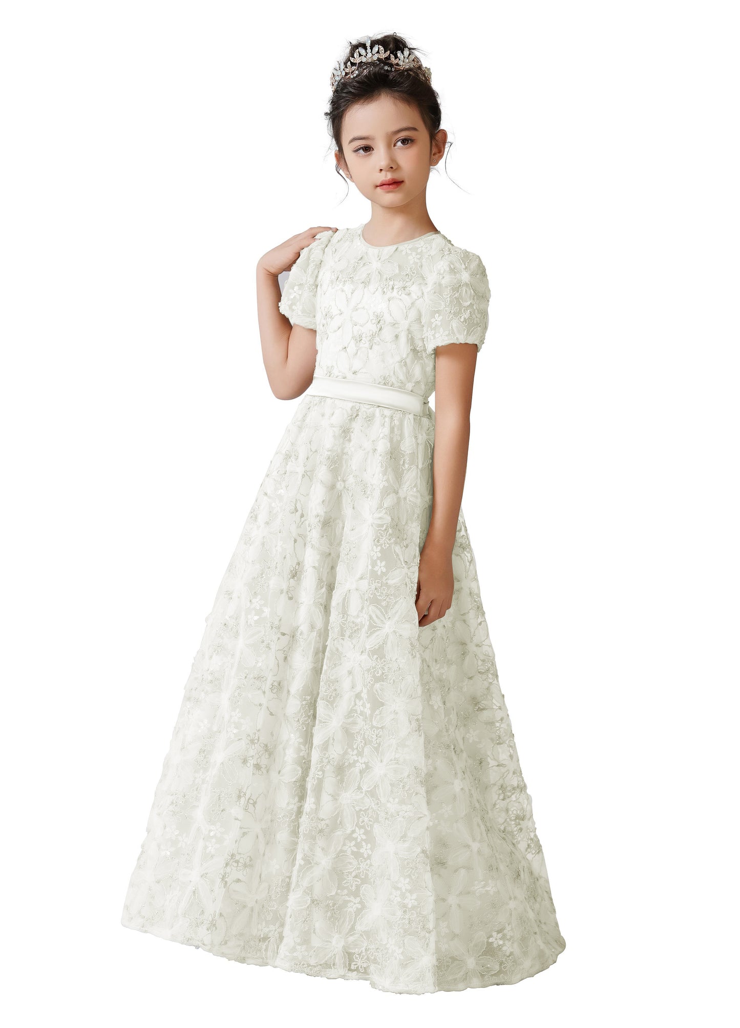 2025 Spring Flower Girl Dress Wedding Bridesmaid Lace Tulle Puffy Sleeves Girls Birthday Party Pageant Maxi Dress