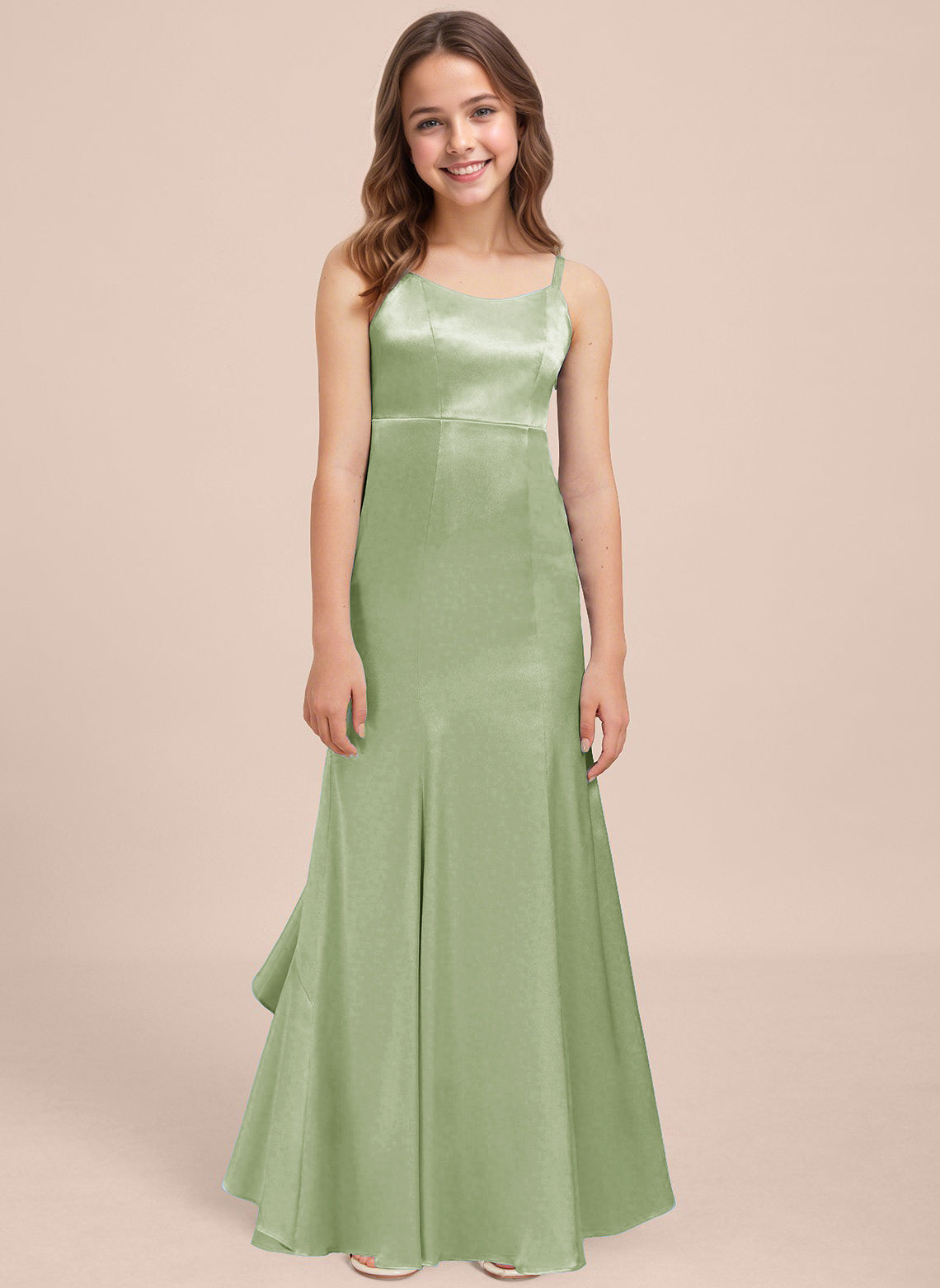 dideyttawl Mermaid Junior Bridesmaid Dress with Slit V-Neck Ruffles Bow Stretch Satin Flower Girl Dress Sleeveless Formal Special Occasion Dress for Wedding 2522