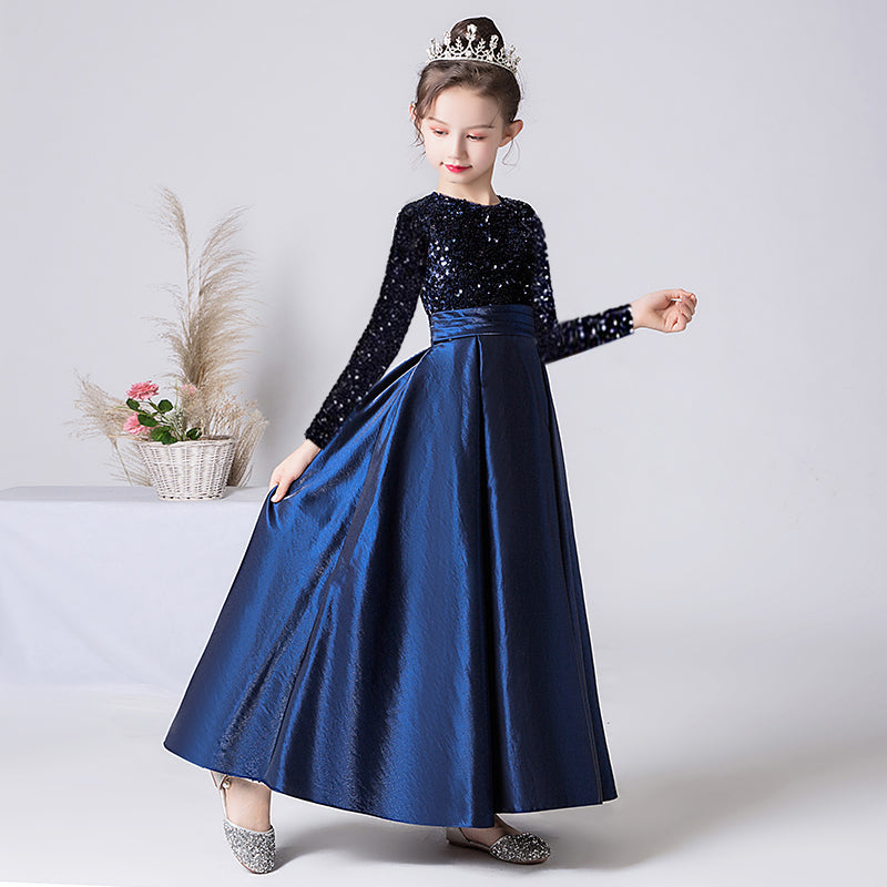 Crew Neck Long Sleeves Sequins Dresses Shining Flower Girls Dress Sparkling Piano Recital Dresses Elegant Satin Party Gown, Navy / 6 Crew Neck Long Sleeves Sequins Dresses Shining Flower Girls Dress Sparkling Piano Recital Dresses Elegant Satin Party Gown, Navy / 6