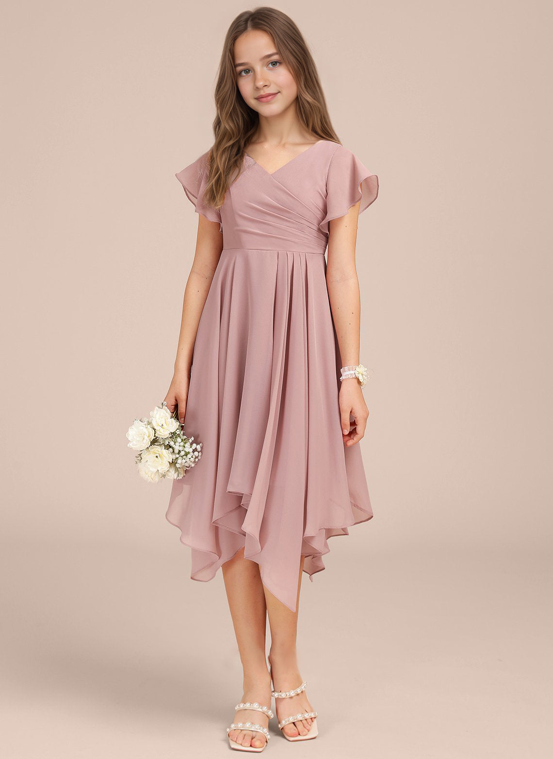Chiffon Short Junior Bridesmaid Dresses Knee Length Flutter Sleeves Flower Girl Dresses for 4-16 2505