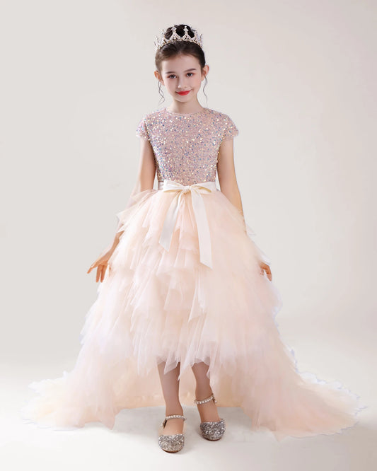 Champagne Tulle High Low Girls Formal Dress Front View