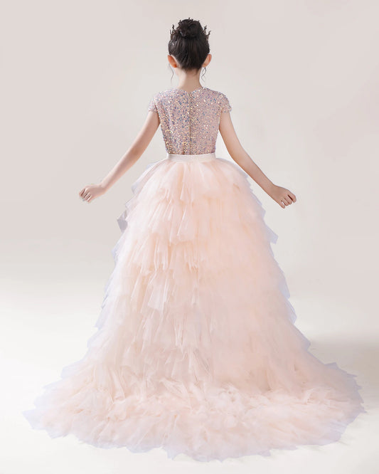 Blush Pink Tulle Ball Gown Girls Formal Dress Back View