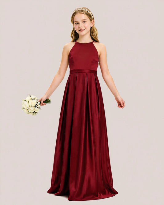 Burgundy Satin A-line Junior Bridesmaid Dress Front View