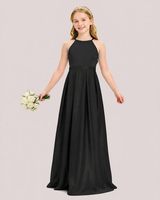 Black Satin A-line Junior Bridesmaid Dress Front View