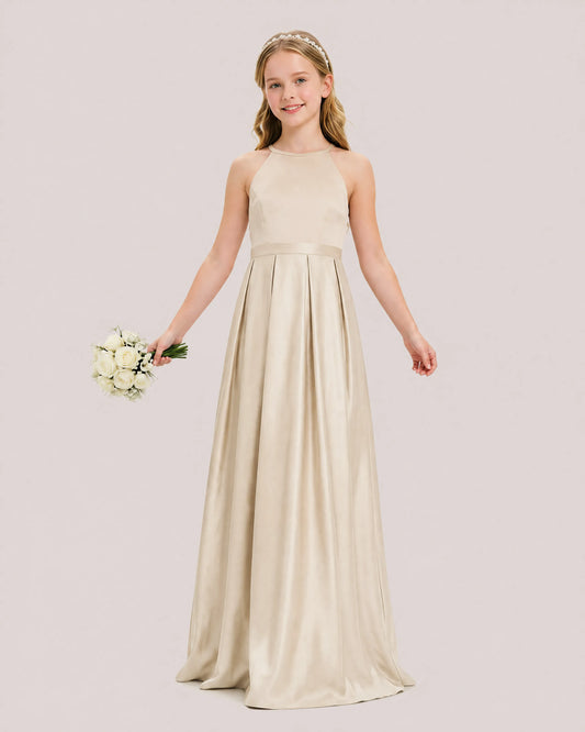 Champagne Satin A-line Junior Bridesmaid Dress Front View