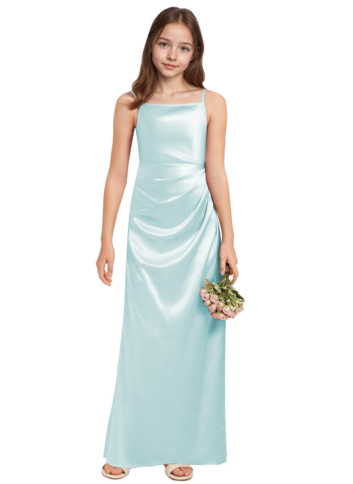 dideyttawl A-Line Junior Bridesmaid Dress Square Neck Pleated Stretch Satin Flower Girl Dress Sleeveless Formal Special Occasion Dress for Wedding 2520