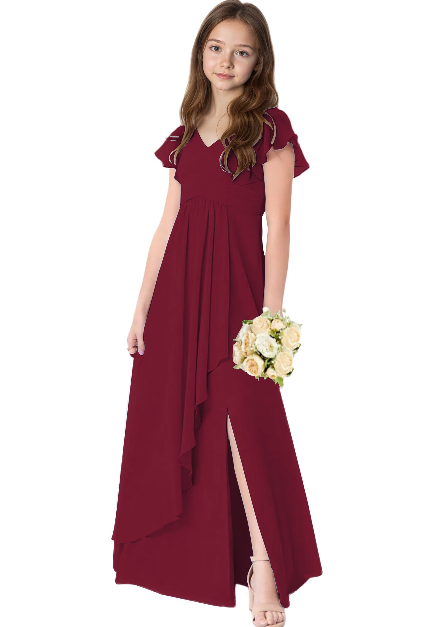 dideyttawl Chiffon Junior Bridesmaid Dresses V Neck Ruffle Sleeves Chiffon Pleated Flowy Flower Girls Dress or 4-16 2506