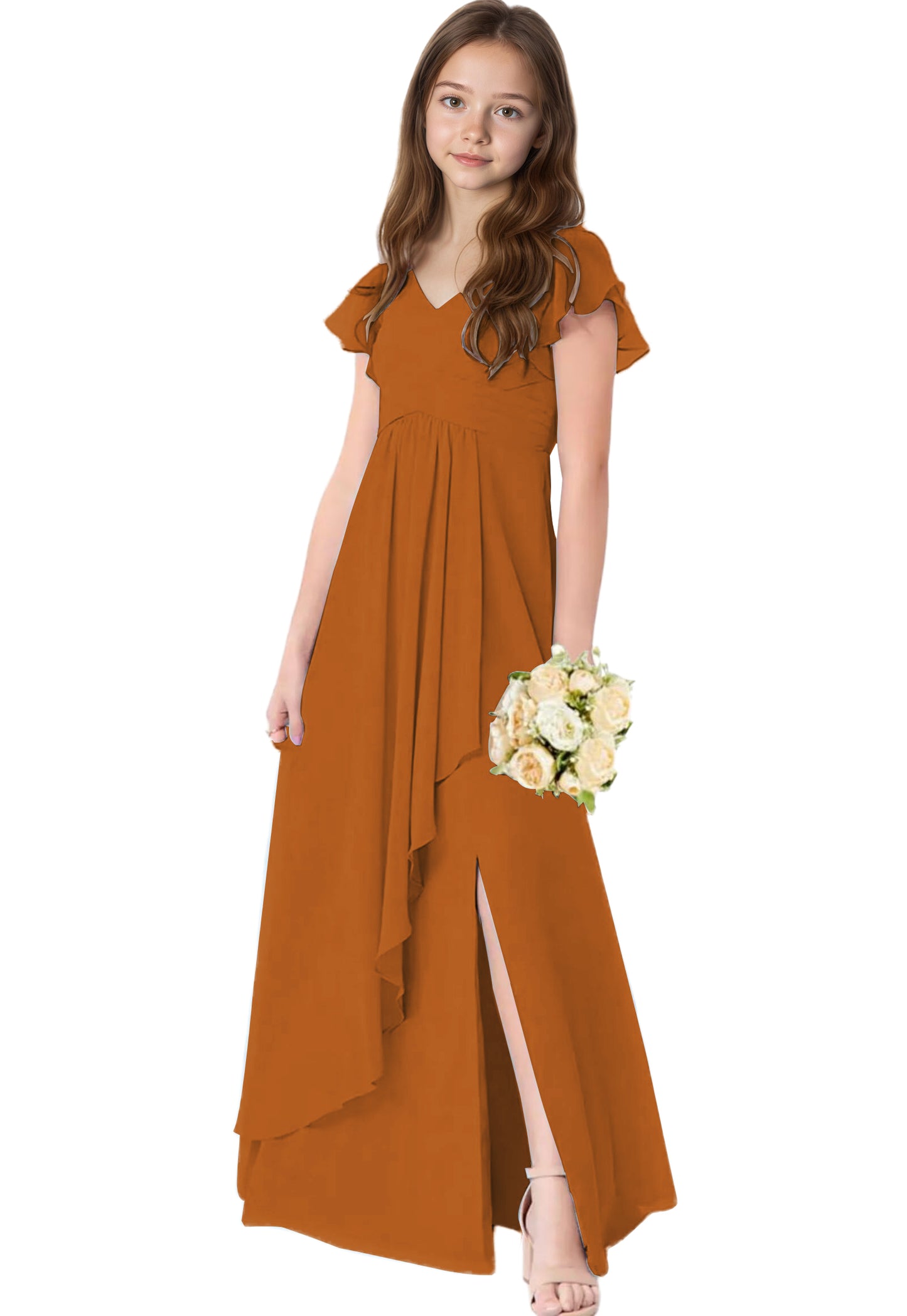 dideyttawl Chiffon Junior Bridesmaid Dresses V Neck Ruffle Sleeves Chiffon Pleated Flowy Flower Girls Dress or 4-16 2506