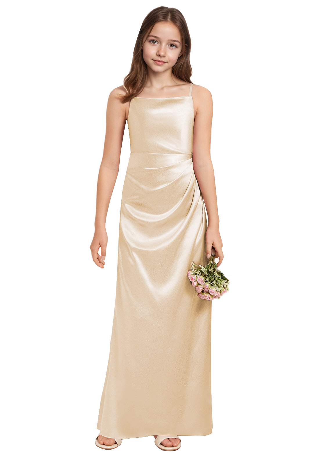 dideyttawl A-Line Junior Bridesmaid Dress Square Neck Pleated Stretch Satin Flower Girl Dress Sleeveless Formal Special Occasion Dress for Wedding 2520
