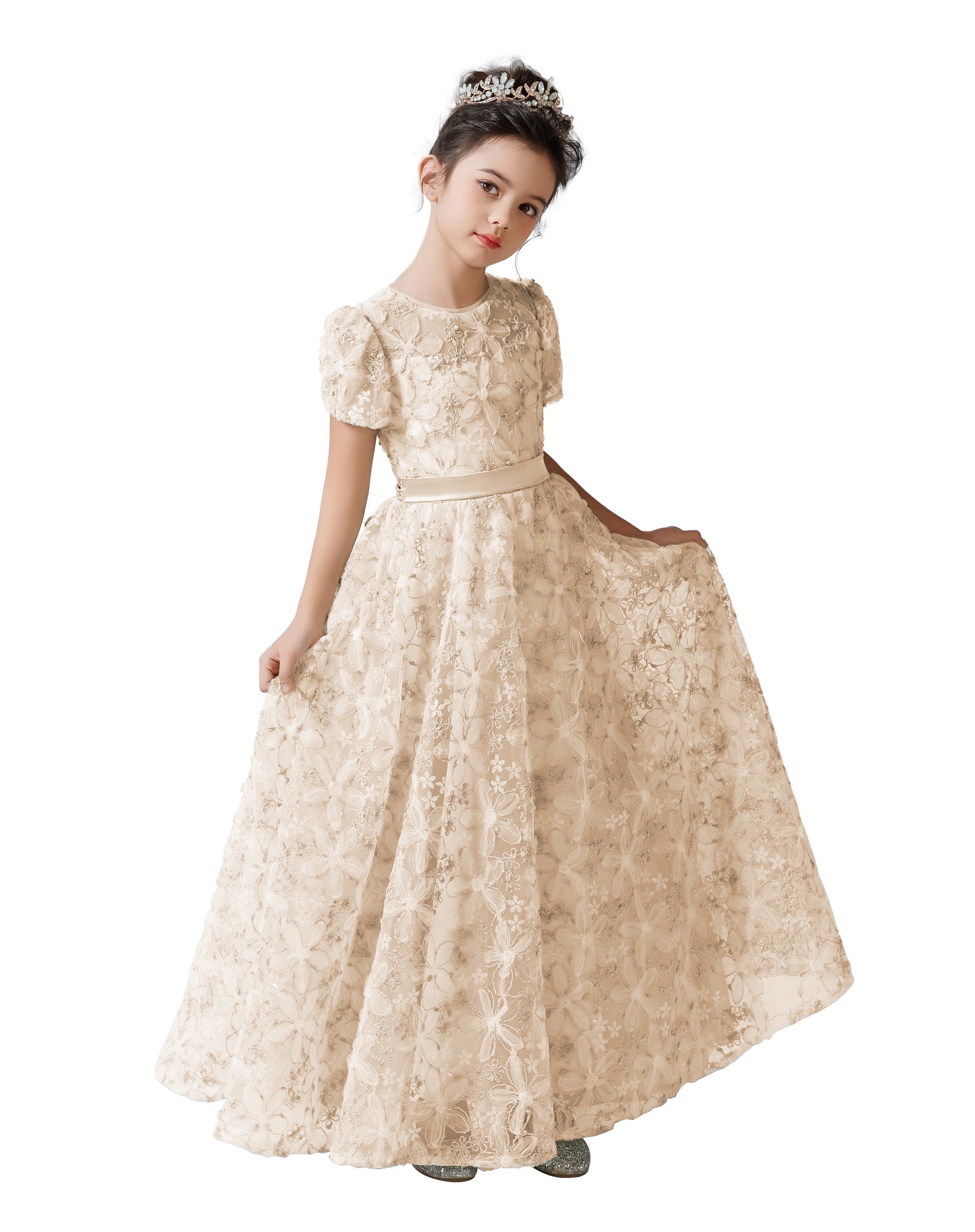 2025 Spring Flower Girl Dress Wedding Bridesmaid Lace Tulle Puffy Sleeves Girls Birthday Party Pageant Maxi Dress