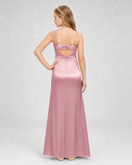 Dusty Rose Satin A-line Girls Formal Dress Back View