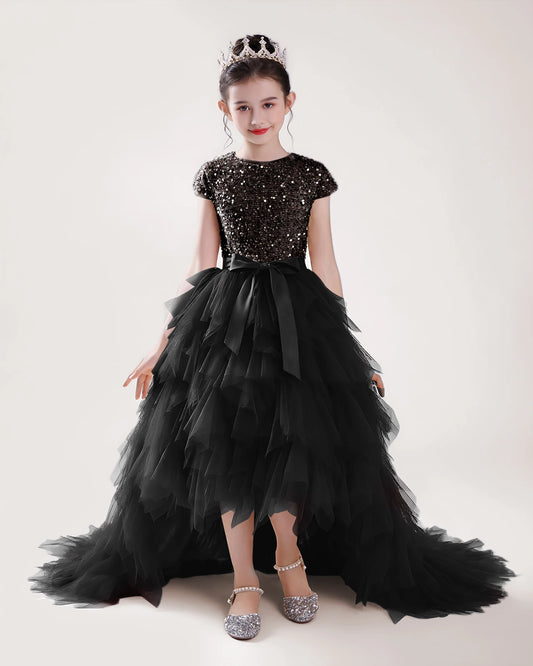 Black Tulle High-low Girls Formal Dress Front View